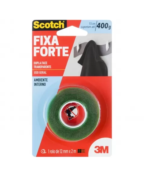 FITA DUPLA FACE 3M SCOTCH FIXA FORTE TRANSPARENTE - 12 MM X 2 M