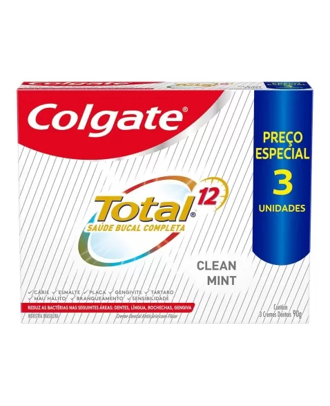 CREME DENTAL COLGATE TOTAL 12 CLEAN MINT 3 UNID 90G PREÇO ESPECIAL