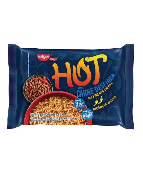 NISSIN LÁMEN HOT SABOR CARNE DESFIADA 85G