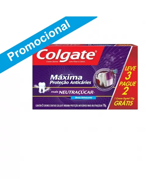 CREME DENTAL COLGATE MÁXIMA PROTEÇÃO ANTICÁRIES MAIS NEUTRAÇÚCAR 70G LEVE 3 PAGUE 2