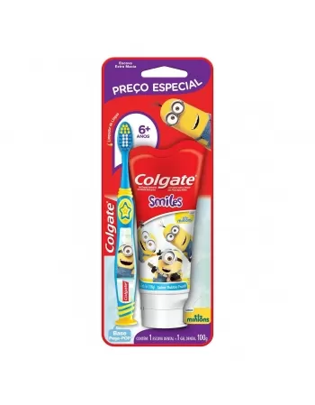 KIT COLGATE SMILES 2 UNID ESCOVA DENTAL + CREME DENTAL MINIONS 100G COM PREÇO ESPECIAL