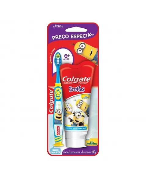 KIT COLGATE SMILES 2 UNID ESCOVA DENTAL + CREME DENTAL MINIONS 100G COM PREÇO ESPECIAL